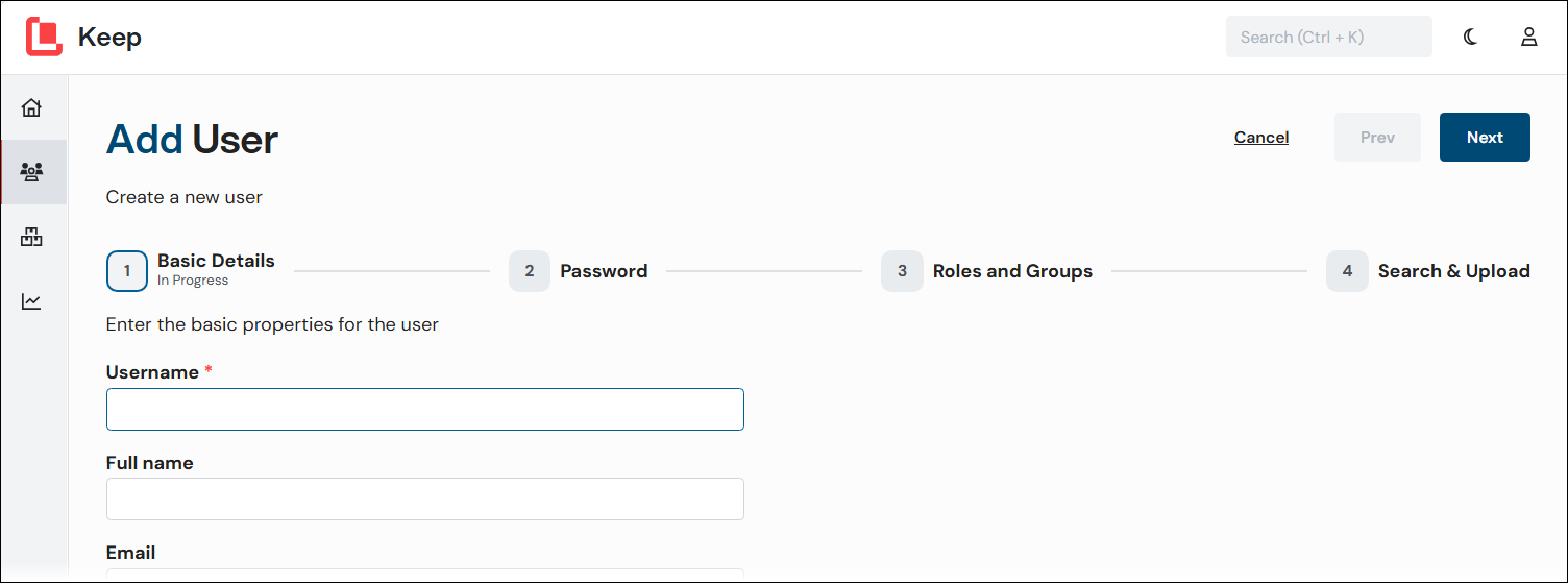 The Add User process including the Next, Prev, and Cancel buttons and the progress indicator.